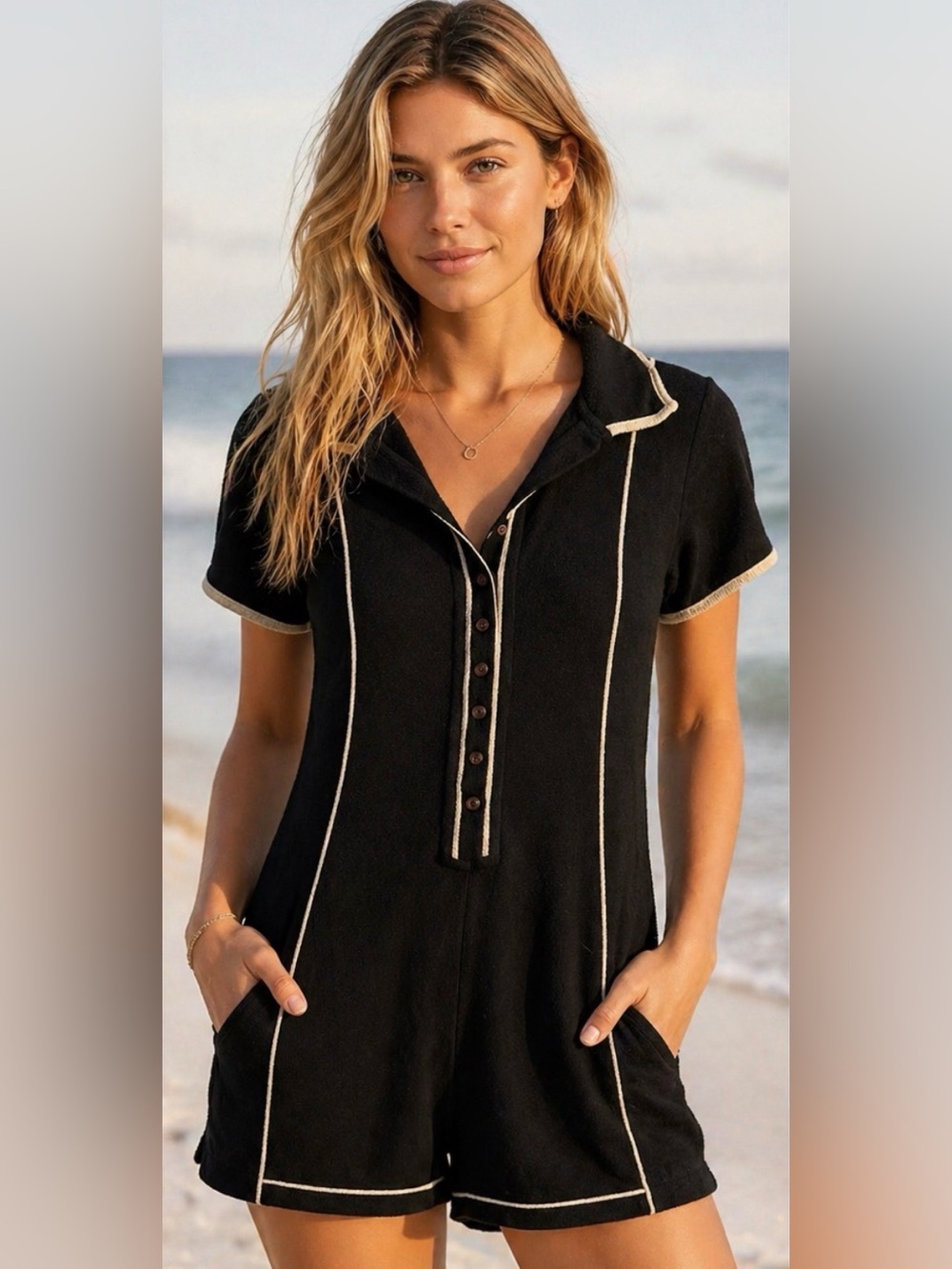 Free People Beach Black Short-Sleeve Polo Romper with Contrast Piping- NWT